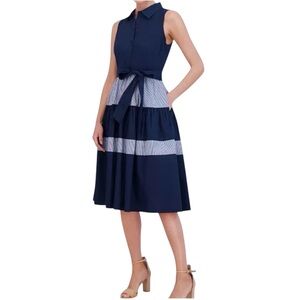 Jessica Howard Navy White Stripe Sleeveless Button Collared Midi Dress Size 6